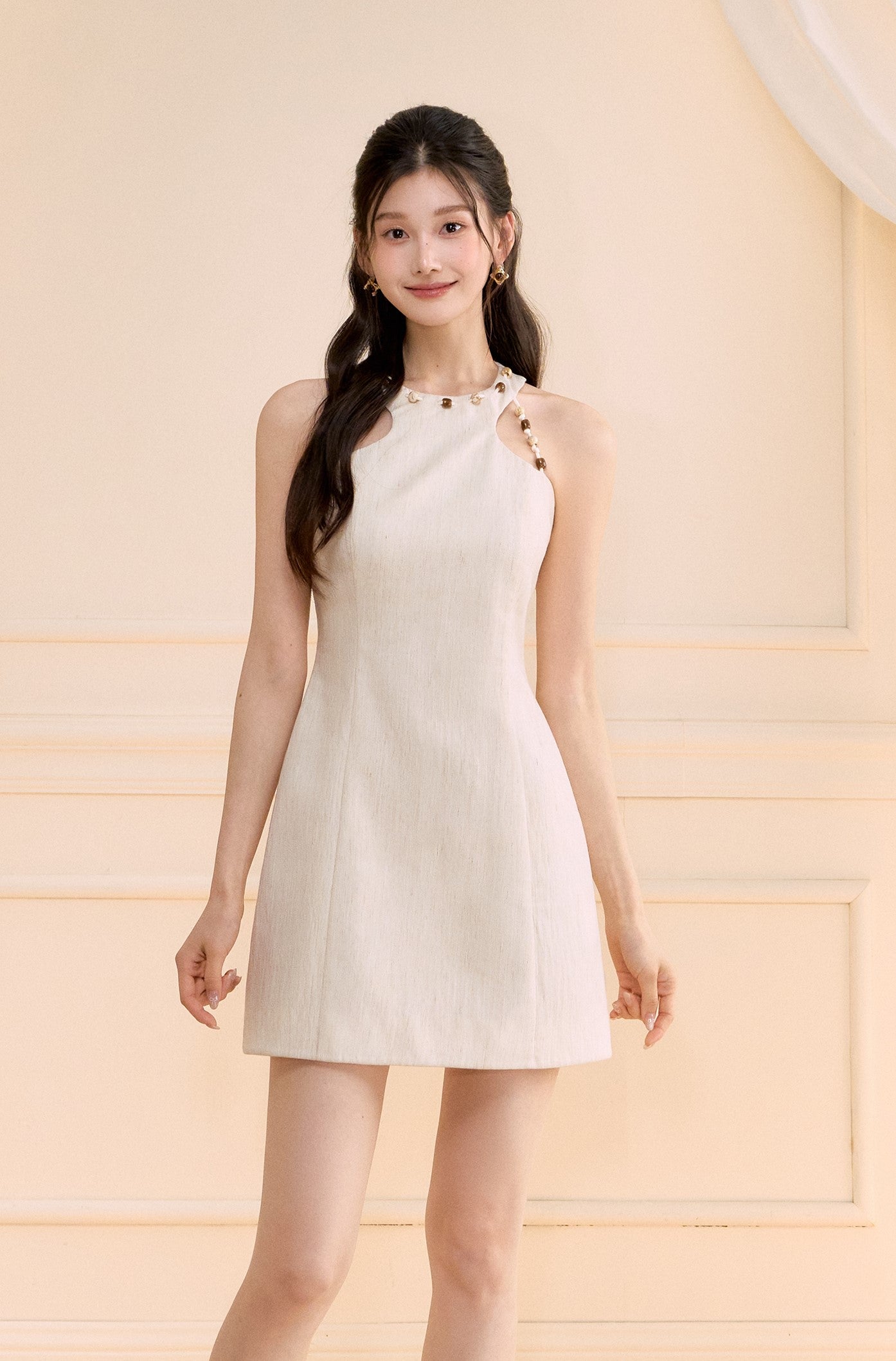 Halter Neck Beaded Linen Short Dress OSH0173