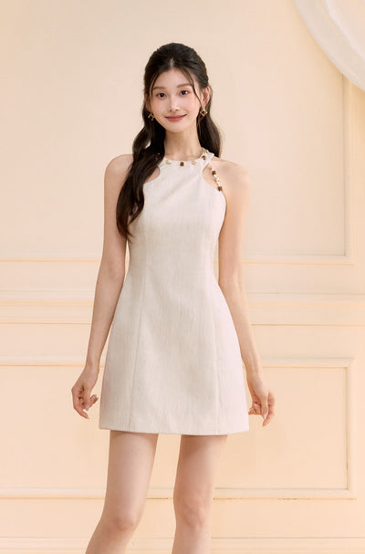 Halter Neck Beaded Linen Short Dress OSH0173