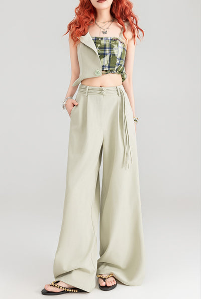 Button-decorated Drape Wide-leg Floor-length Pants KEI0162