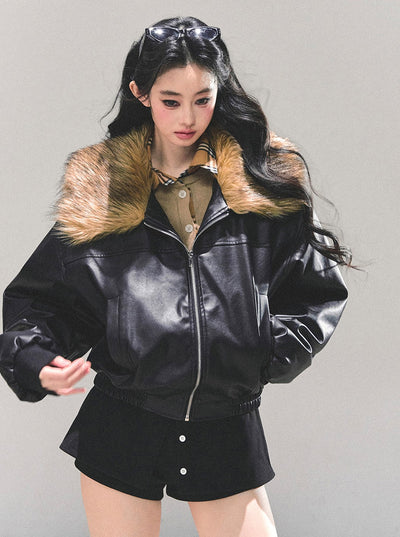 Black Large Lapel Leather Jacket DIA0690