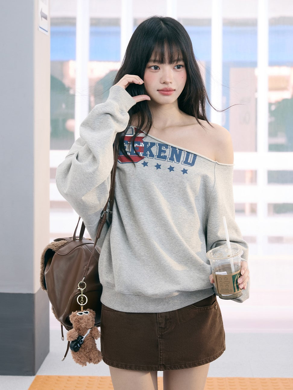 American Print Casual Off-Shoulder Sweatshirt WEE0077