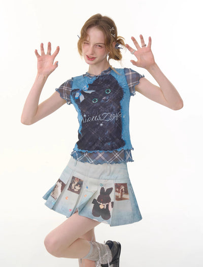 Plaid Fake Two-piece Cat Print T-shirt ZIZ0278