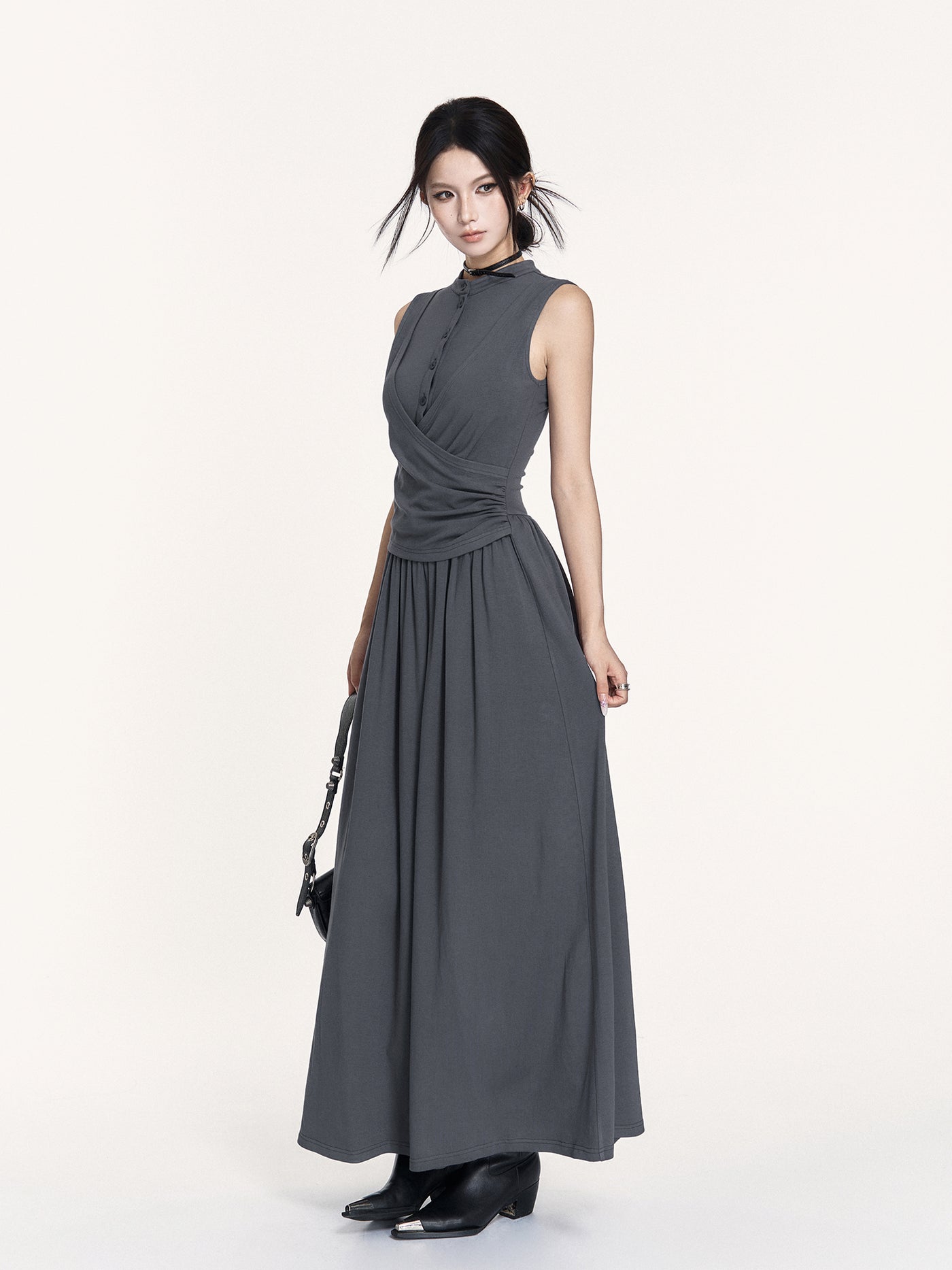 Stand Collar Stretch Long Dress VOC0442