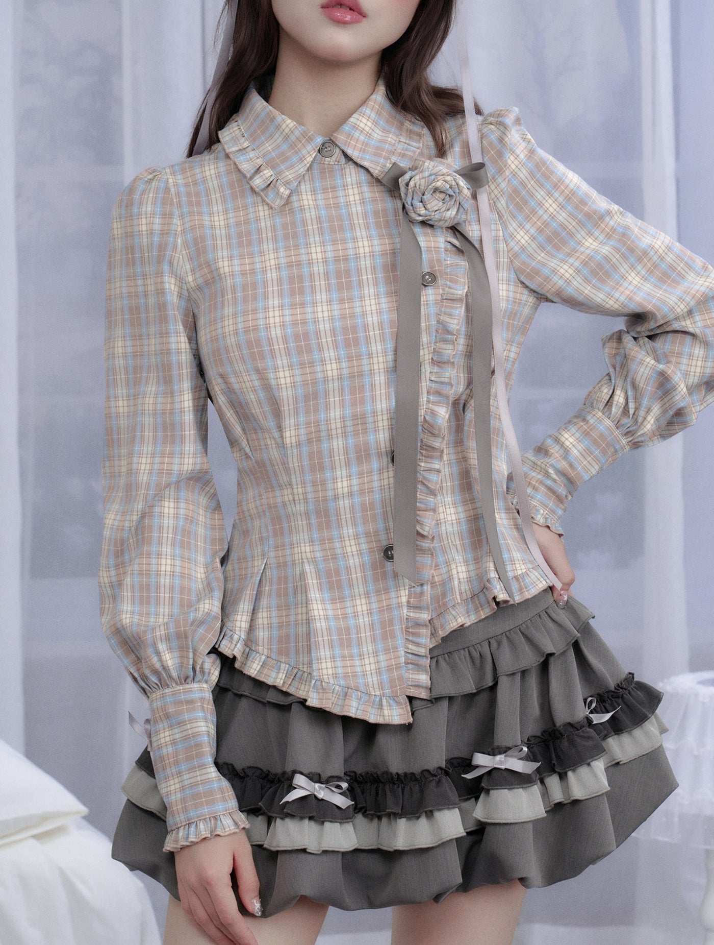 Plaid Rose Brooch Asymmetrical Shirt/Headband SAG0294