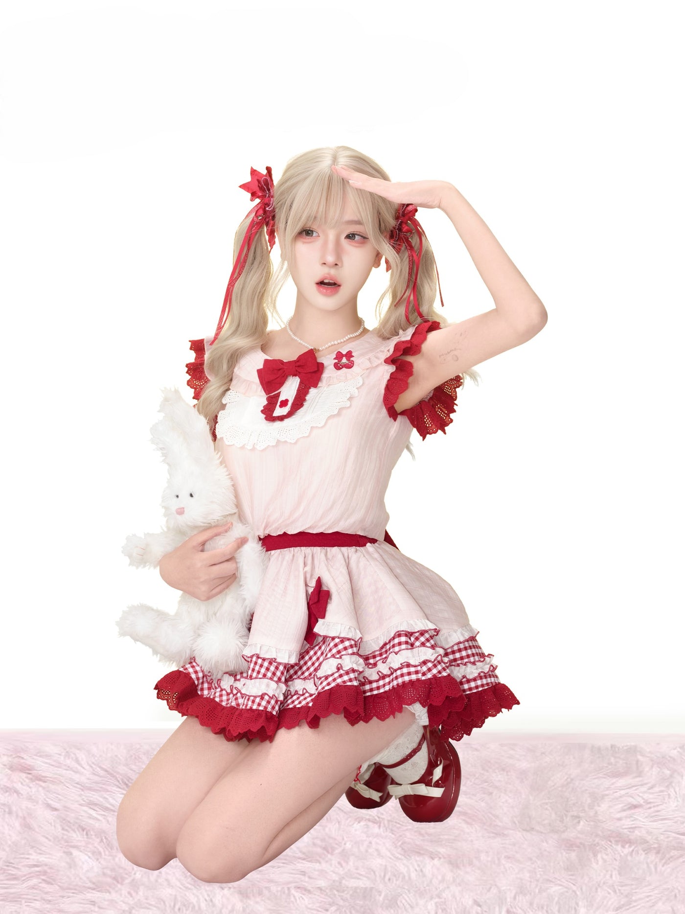 Strawberry Pink Check Dress/White Bubble Shorts SER0181