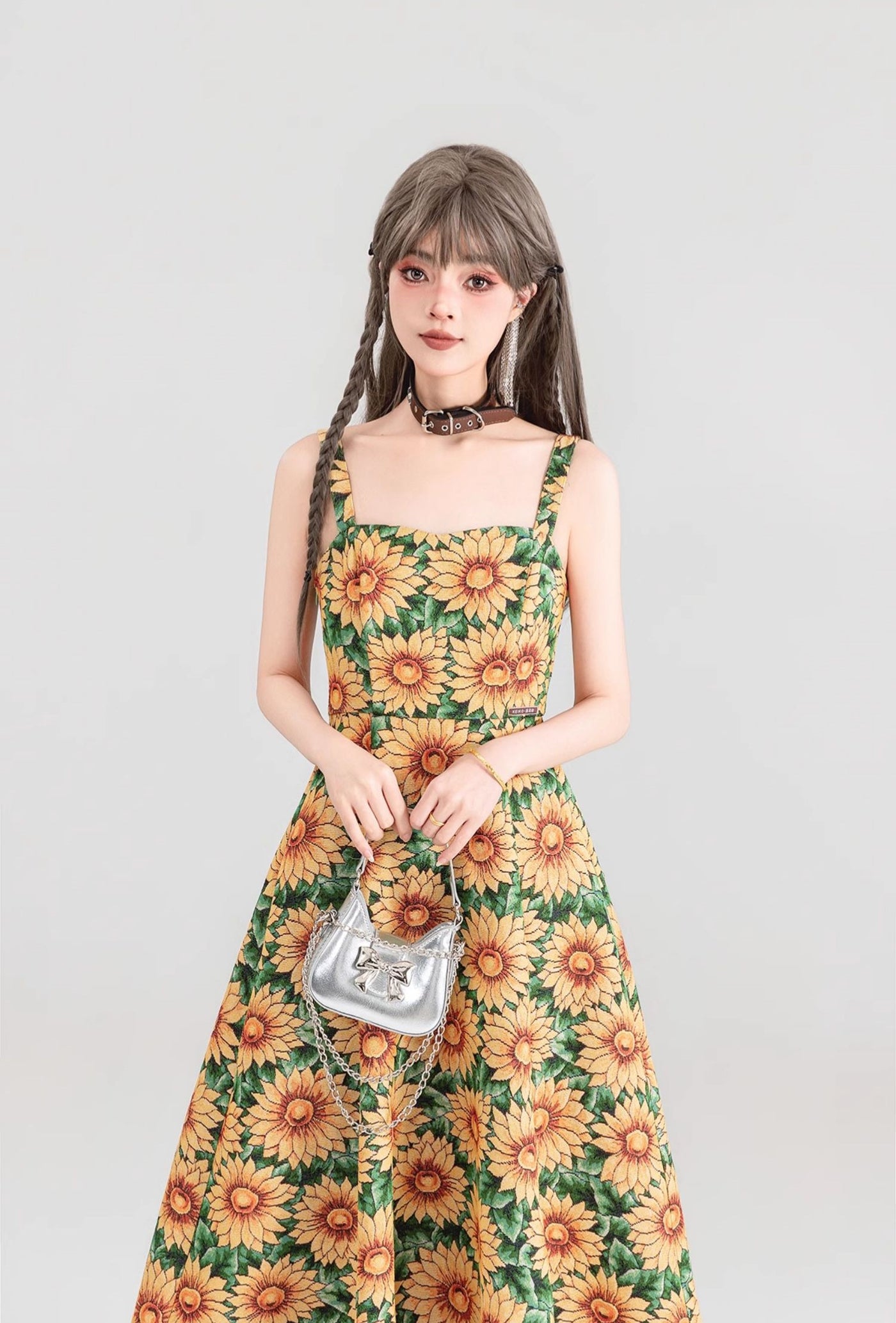 Sunflower Jacquard Floral Suspender Long Dress KEI0152