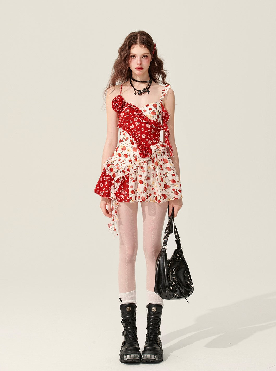 Rose Red Splicing Floral Suspender Dress DIA0167