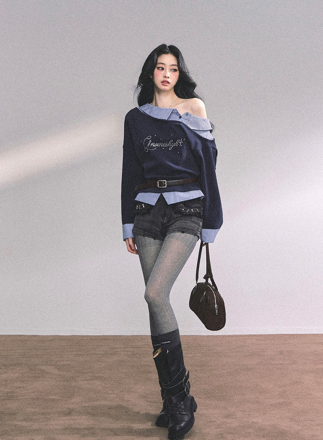 Fake Two-piece One Shoulder Plaid Sweatshirt DIA0626