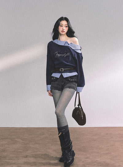 Fake Two-piece One Shoulder Plaid Sweatshirt DIA0626