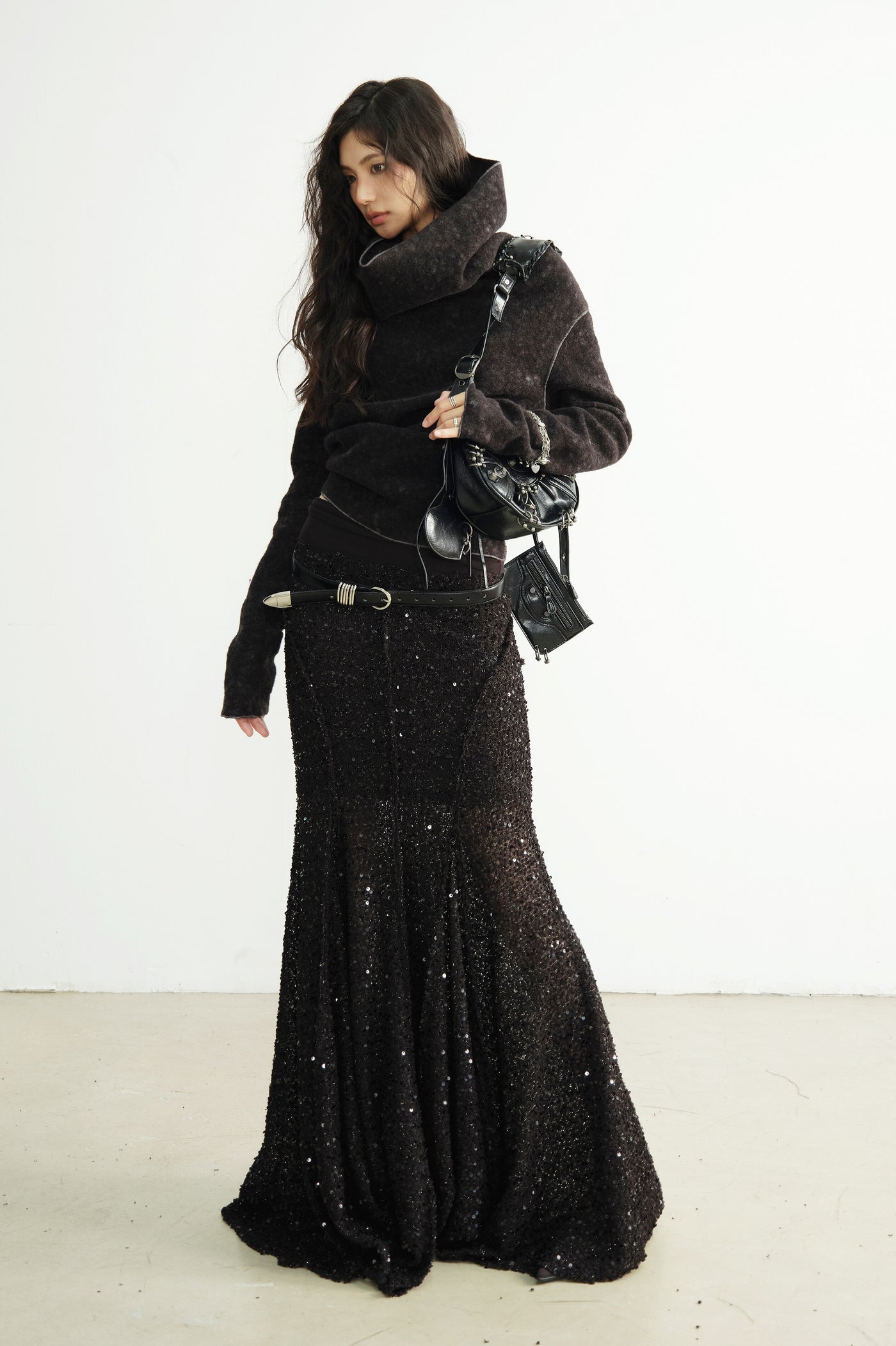 High Waist Sequined Black Long Skirt JNY0191