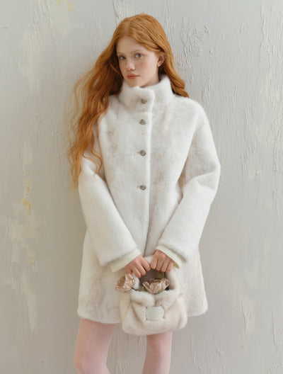 White Cross Half High Collar Eco-friendly Fur Long Coat SAL0089