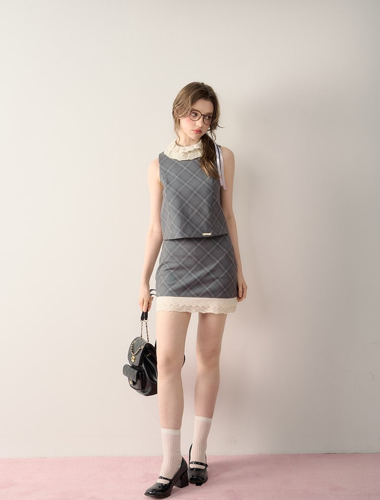 Gray Flower Printed/Checkered Sleeveless Top/Suit Skirt QDQ0060