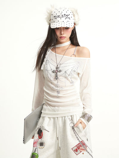 White Cross Design One Shoulder T-shirt UNC0285