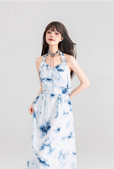 Tie-dyed Halter Neck Suspender Backless Long Dress KEI0099