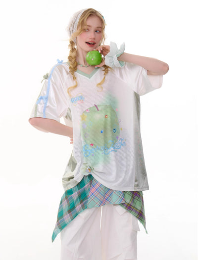 Apple Print Sports Style V-neck T-shirt ZIZ0286