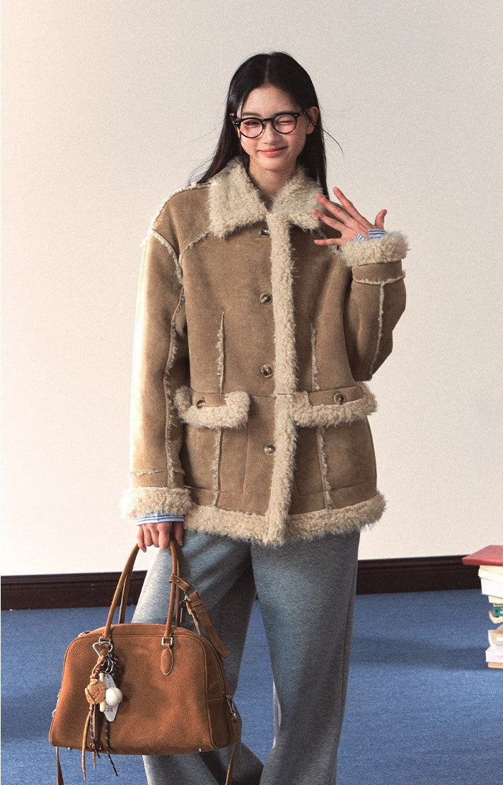 Coffee Red Loose Stitching Two-wear Fur Jacket SHI0087