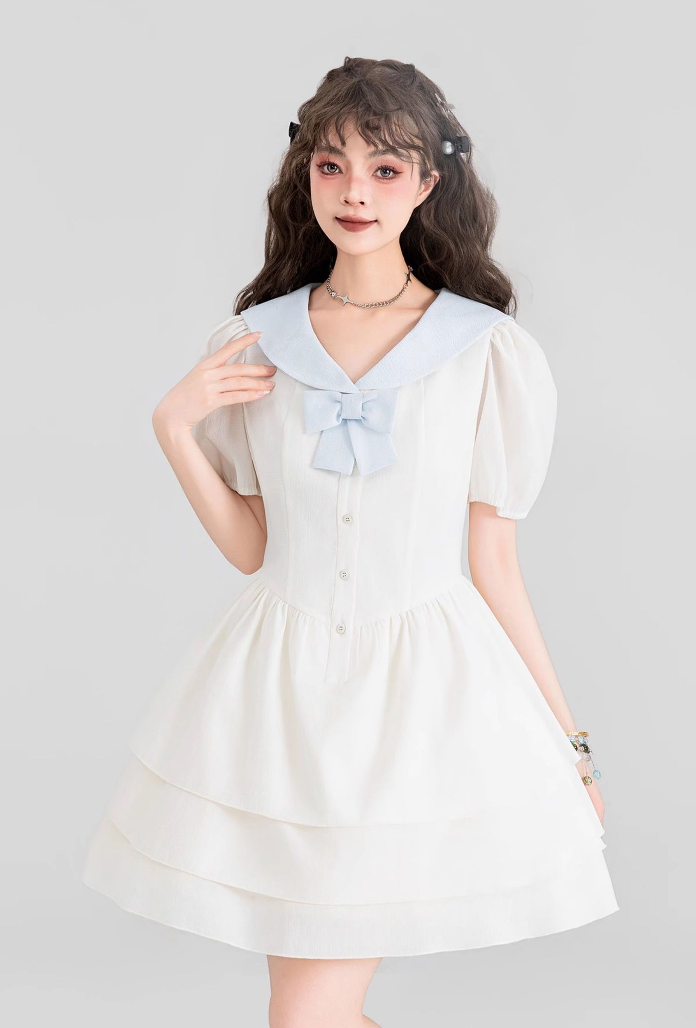 Navy Collar White A-Line Cake Princess Dress KEI0095