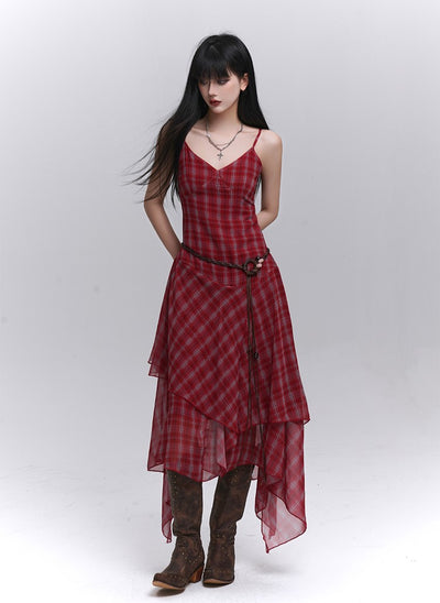 Irregular Hem Plaid Suspender Dress LAD0186