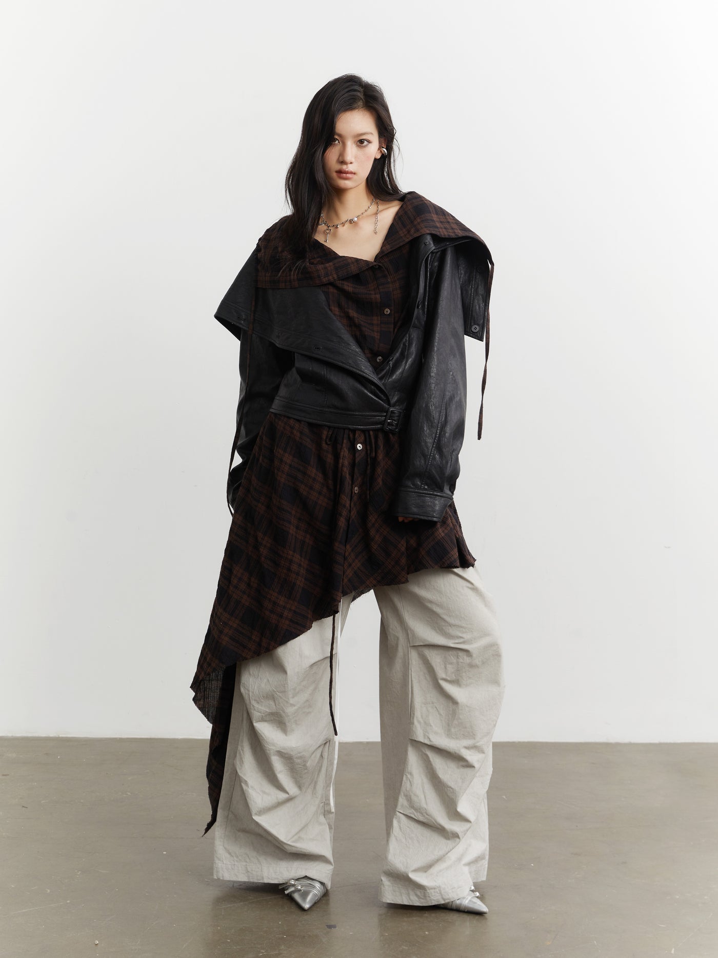 Plaid Stitching Leather Jacket+Skirt JNY0251