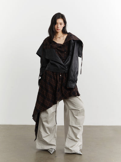 Plaid Stitching Leather Jacket+Skirt JNY0251