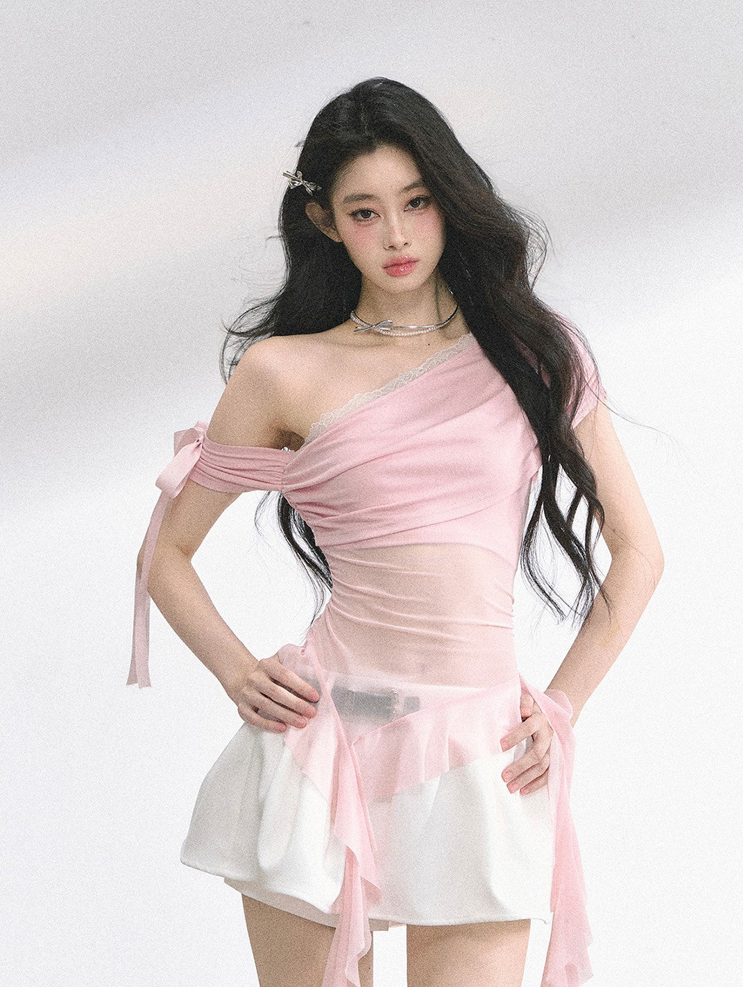 Off-shoulder Transparent Mesh Top DIA0510