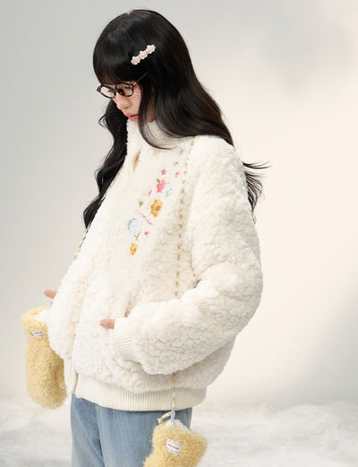 Floral Embroidered Stand Collar Plush Coat NTO0240