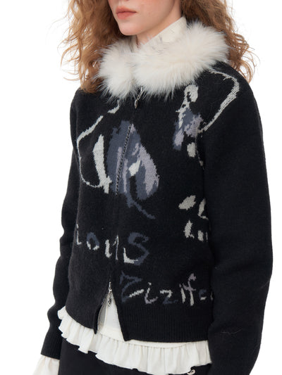 High-end Lazy Fur Collar Zipper Black Sweater Jacket ZIZ0194