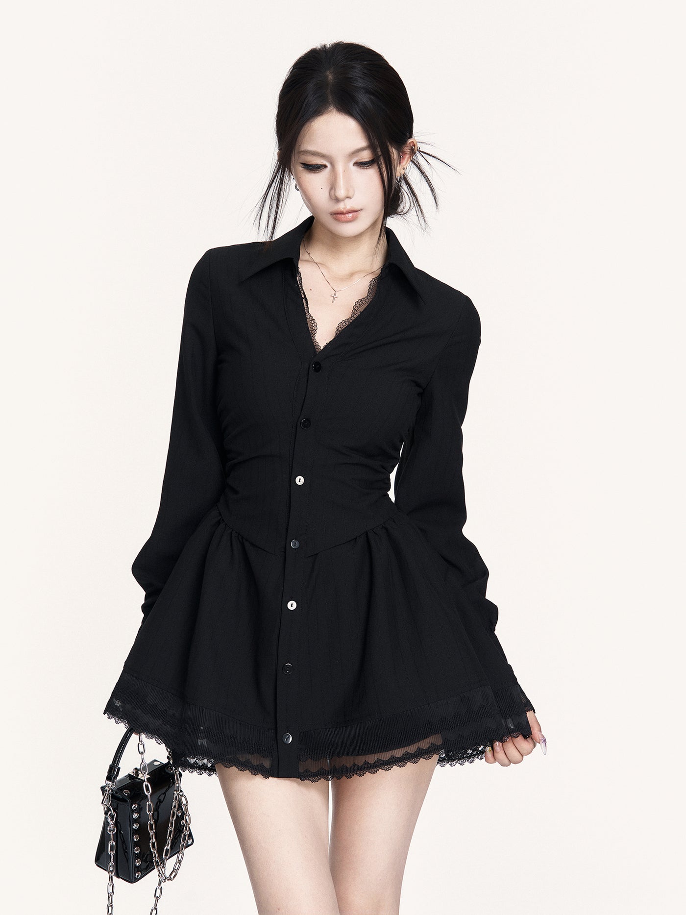 Romantic Lace Pleated Shirt Dress VOC0429