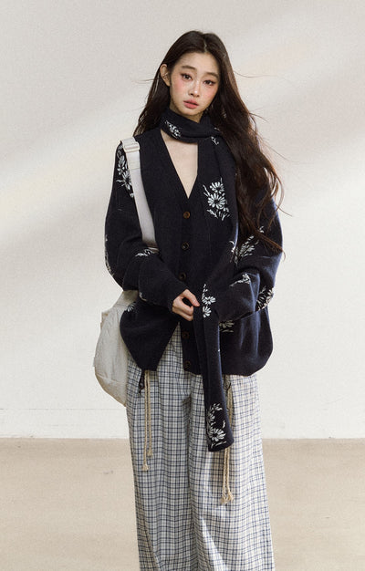 Large Flower Navy Sweater Cardigan SHI0215