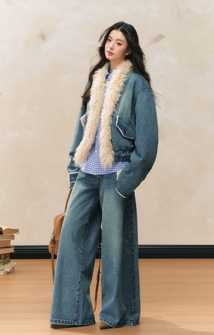 Versatile Fur Collar Denim Plush Jacket SHI0107