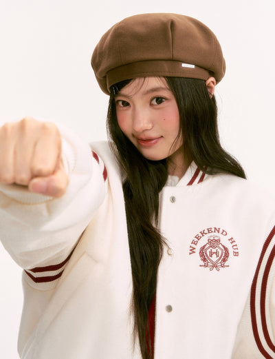 White Color-Blocked Wool Baseball Jacket WEE0125