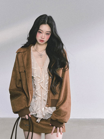 Lace Hollow Ruffled Long Sleeve Shirt DIA0588