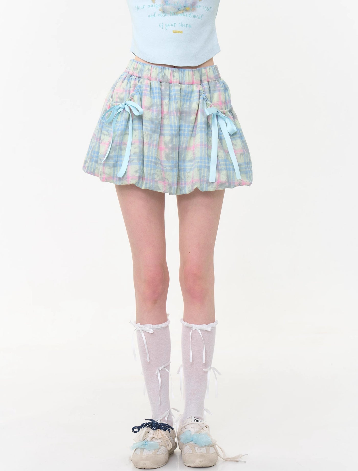 High Waist Blue Bow Plaid Skirt ZIZ0277