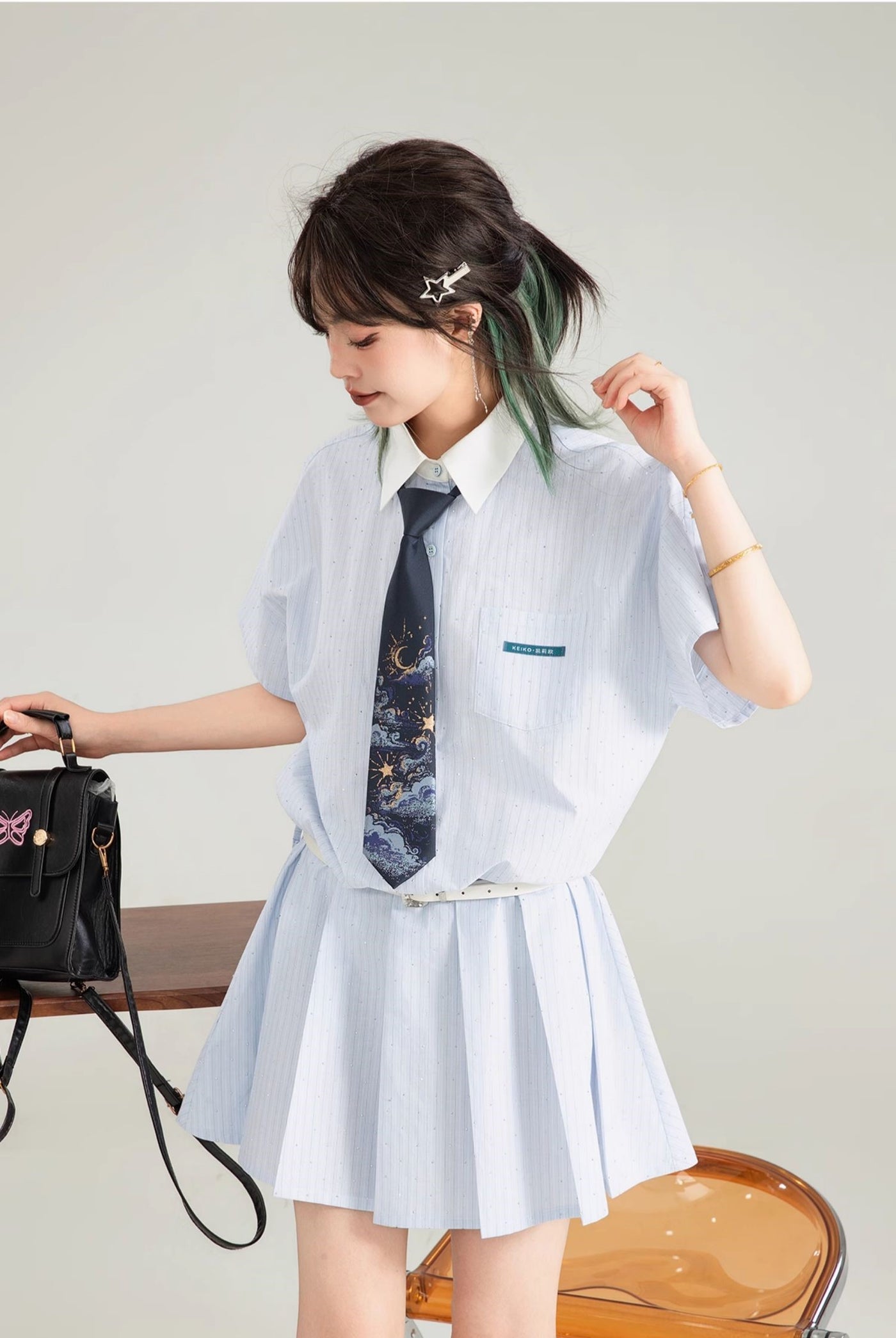 Blue Striped Short-sleeved Pleated Shirt Dress KEI0126