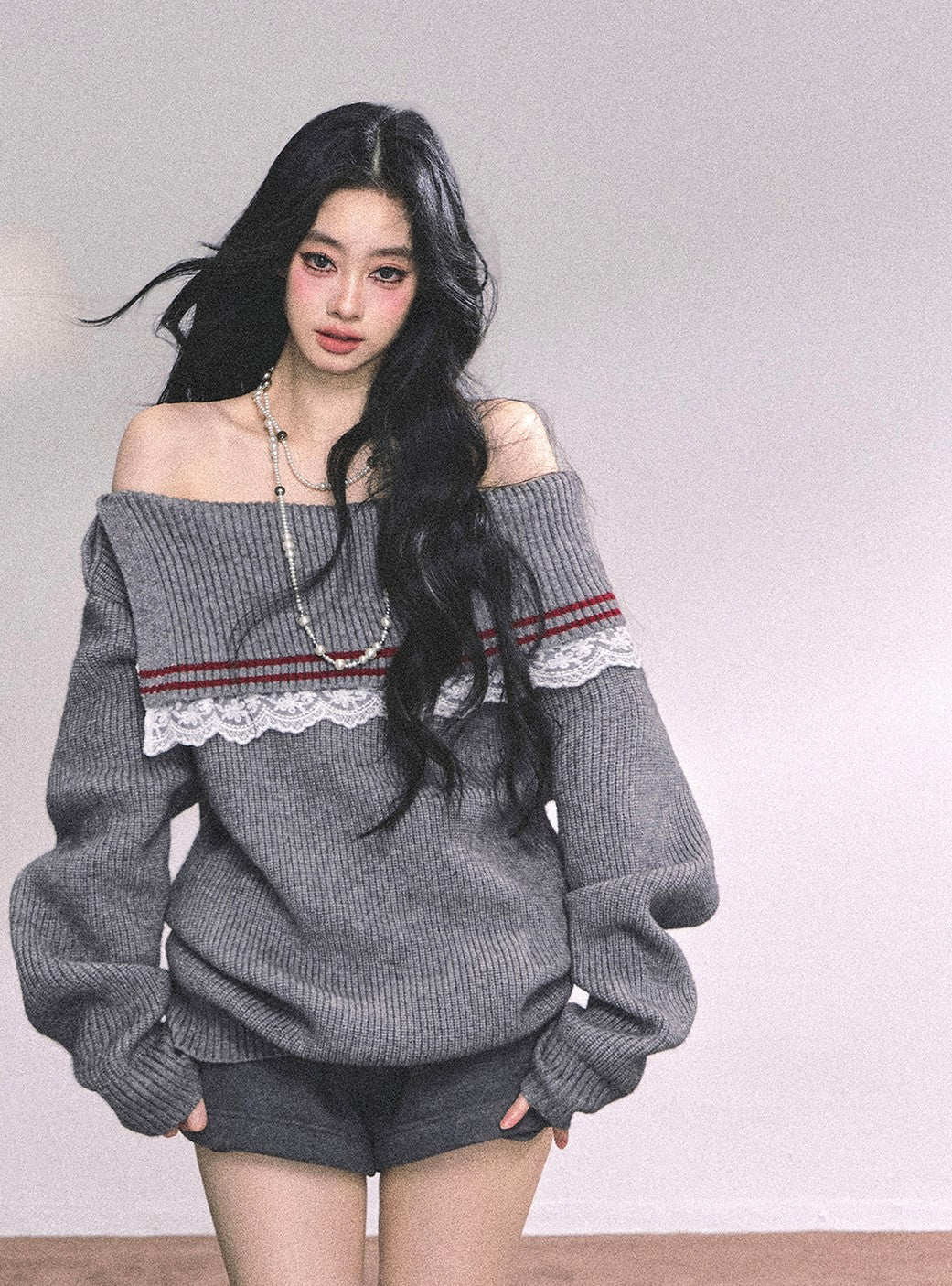 Lace Off-shoulder Loose Sweater DIA0632