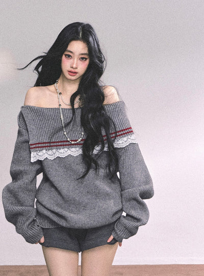Lace Off-shoulder Loose Sweater DIA0632