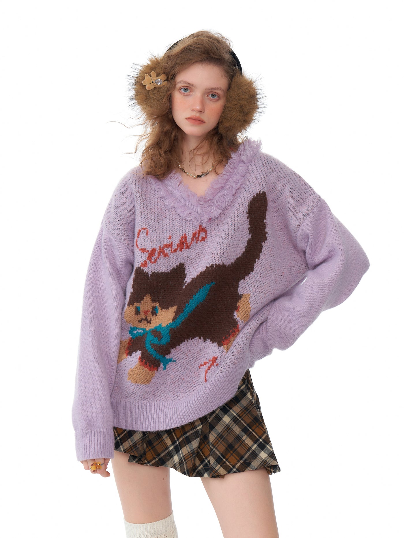 American Retro Design V-neck Lazy Style Loose Cat Sweater ZIZ0191