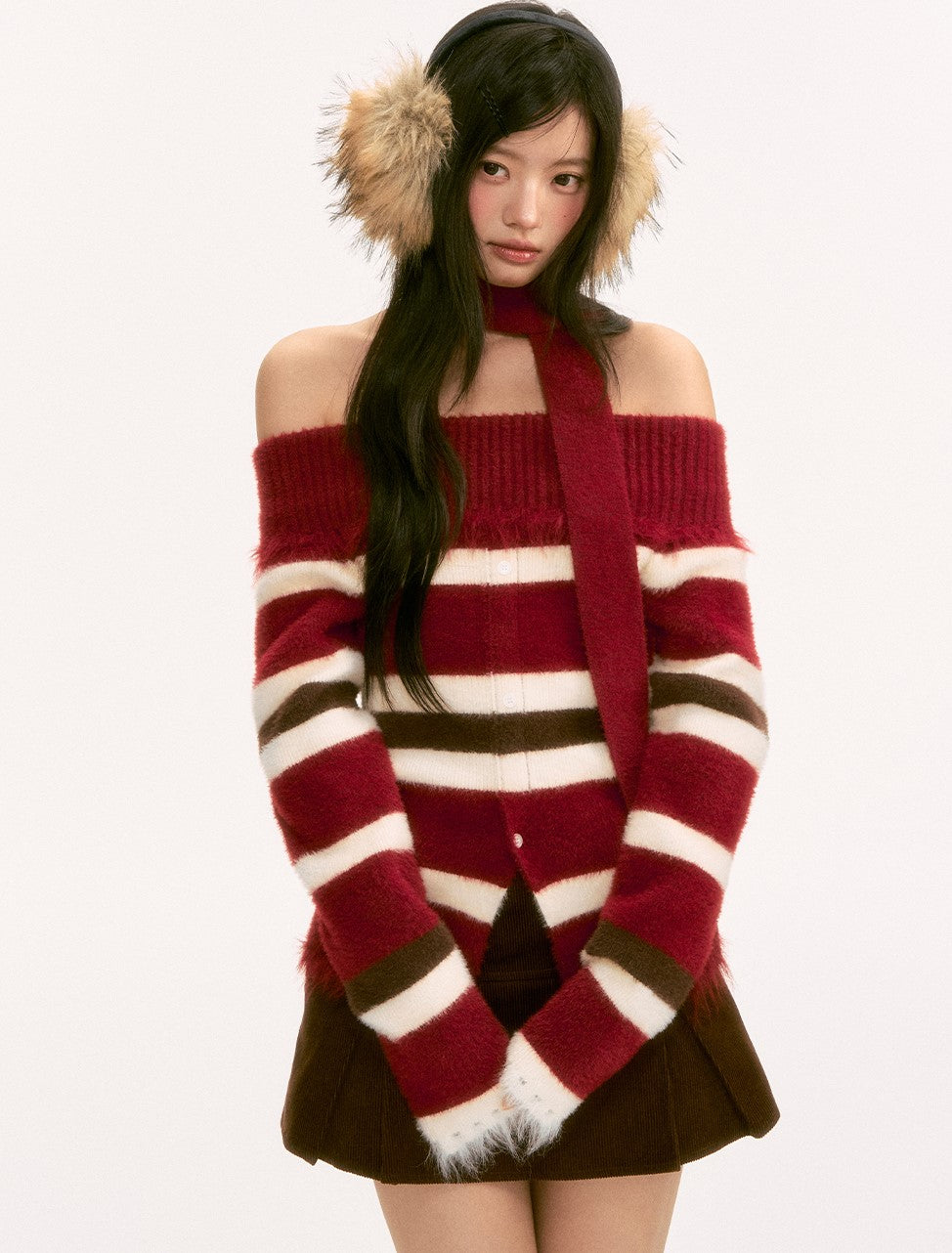 Striped Color Block Off-Shoulder Sweater WEE0123