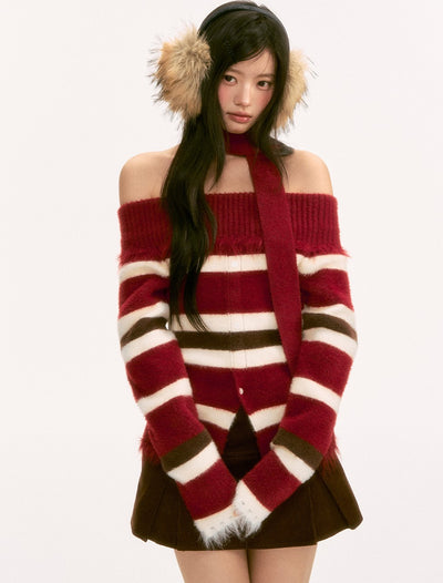 Striped Color Block Off-Shoulder Sweater WEE0123