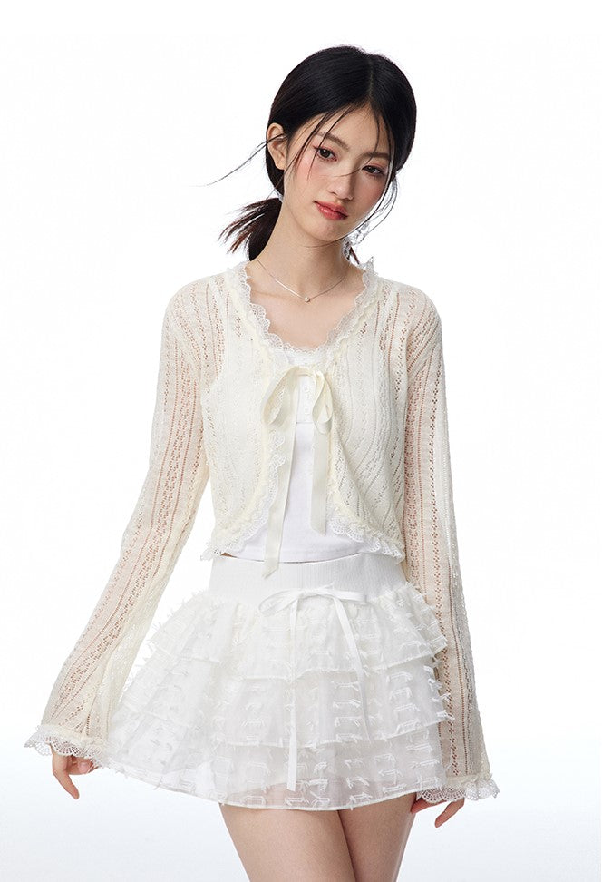 Hollow Light Bow Lace Knitted Cardigan/Camisole/Skirt NTO0102