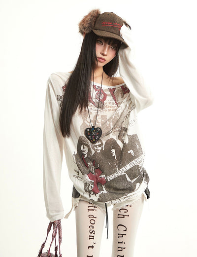 Retro Print Oblique Shoulder T-shirt UNC0289