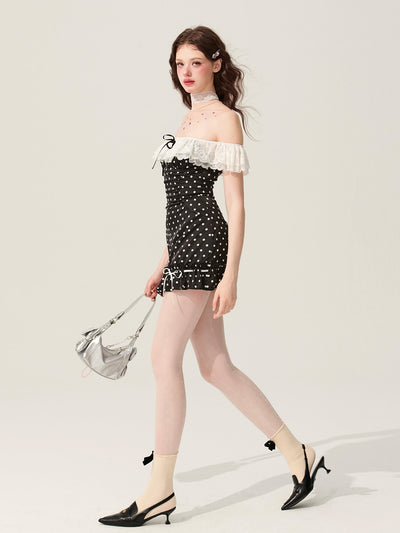 Black One-shoulder Polka Dot Dress DIA0176