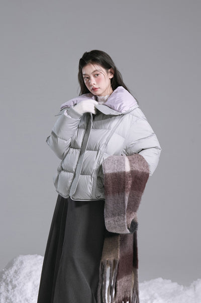 Silver Gray Light Purple/Cinnamon Powder Pink Lapel Contrast Down Jacket COT0181