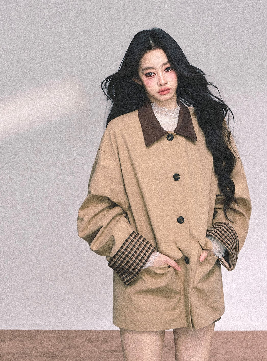 British Style Polo Collar Plaid Jacket DIA0656