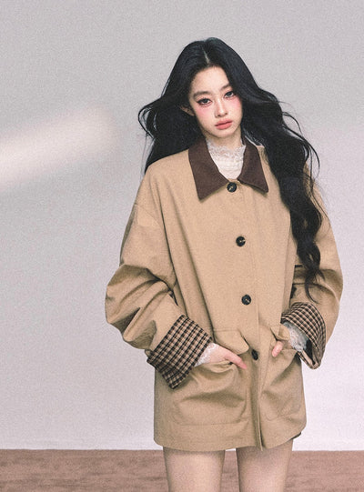 British Style Polo Collar Plaid Jacket DIA0656