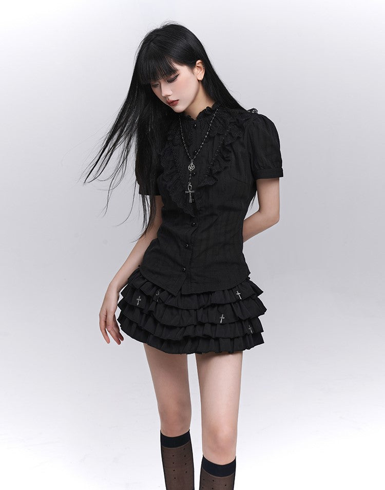 Black Short-sleeved Gothic Lace Shirt LAD0205