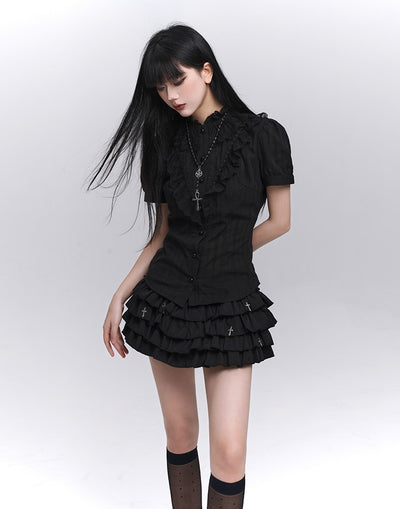 Black Short-sleeved Gothic Lace Shirt LAD0205