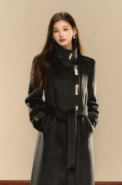 Gray High-grade Pearl Gold Button Long Wool Coat OSH0077