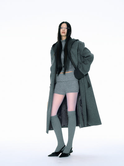 Retro Fake Two-piece Ribbed Splicing Removable Hooded Wool Coat CUR0155