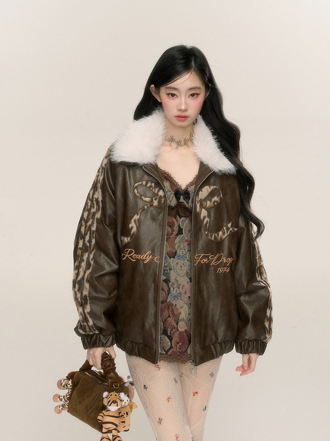 Fur Collar Loose Leopard Print Leather Jacket DIA0223